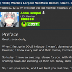 Un hacker utilisant le pseudo Anna-senpai a délivré le code source du botnet Mirai sur un forum spécialisé. (crédit : D.R.) Un hacker utilisant le pseudo Anna-senpai a délivré le code source du botnet Mirai sur un forum spécialisé. (crédit : D.R.)